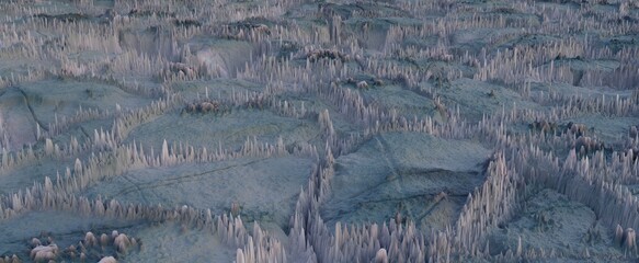 Snowy desert with ice stalactites background. Futuristic tundra covered with 3d render snow and lawns of frozen icicles. Alien landscape covered with ashes and crystals - obrazy, fototapety, plakaty