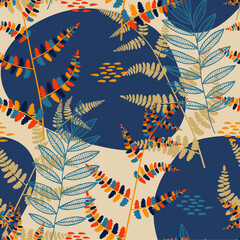 Seamless pattern with different tropical retro leaves. Vector illustration.