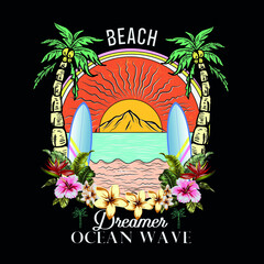 Summer beach  is vector tee shirt summer artwork, tropical sunset. surf and beach. vintage beach print. tee graphic design