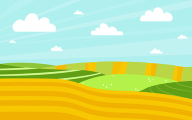 Fototapeta na wymiar Green meadow, agricultural fields. Panorama background. Bright cartoon illustration. Background for the design of packaging, covers, postcards. Vector cartoon illustration, flat