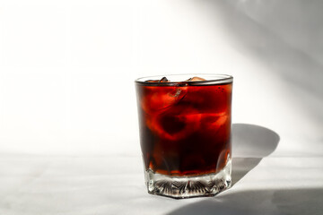 Close up of Cola with ice cubes in the glass on white background.