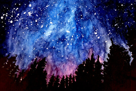 Paesaggio di montagna notturno con cielo stellato, acquerello