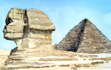 Fototapeta na wymiar sfinge e piramide, acquerello