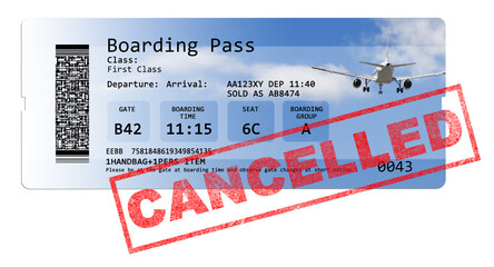 Flight cancelled concept with flight ticket and text stamp - The image is totally invented and does not contain under copyright parts