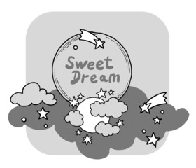 Good night theme frame with moon, stars and clouds on the dark sky. Quotes background, poster, card decoration. Hand drawn illustration. Cartoon retro vintage boho style monochrome line drawing.