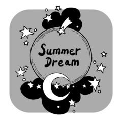 Good night theme frame with moon, stars and clouds on the dark sky. Quotes background, poster, card decoration. Hand drawn illustration. Cartoon retro vintage boho style monochrome line drawing.