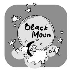 Good night theme frame with moon, stars and clouds on the dark sky. Quotes background, poster, card decoration. Hand drawn illustration. Cartoon retro vintage boho style monochrome line drawing.