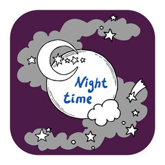 Good night theme frame with moon, stars and clouds on the dark sky. Quotes background, poster, card decoration. Hand drawn illustration. Cartoon retro vintage boho style drawing.