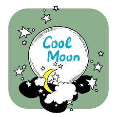 Good night theme frame with moon, stars and clouds on the dark sky. Quotes background, poster, card decoration. Hand drawn illustration. Cartoon retro vintage boho style drawing.