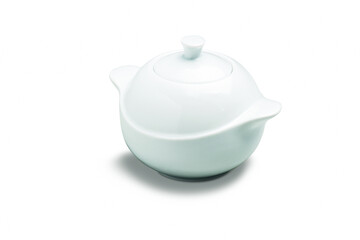 Modern white porcelain serving tureen with lid, isolated on white