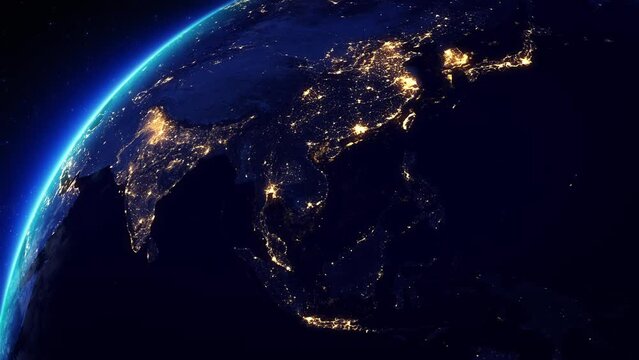 Animation of Earth Seen From Space with City Lights.  Space Exploration Travel Concept Digitally Generated Video. Satellite View of Asia.