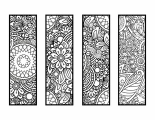 Set of four bookmarks in black and white. Doodles flowers and ornaments for adult coloring book. Vector illustration.