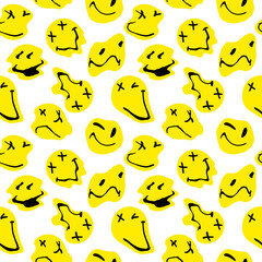 Psychedelic smiley seamless pattern. Melted smiling faces, liquid trippy groovy characters. Dripping smiling faces. Crazy smile emoji vector illustration. Design for wrapping paper, cloth, textile.