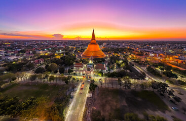 Fototapeta na wymiar Aerial view of Phra Pathom Chedi biggest stupa in Nakhon Pathom, Thailand