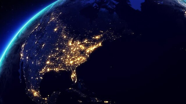 Animation of Rotating Earth From North America to Europe at night. Earth Seen from Space With City Lights Showing Human Activity. Satellite View.