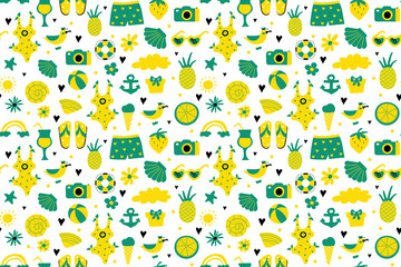 Marine seamless pattern on a white background. Cute summer icons. Tropical holidays. Summer beach. Hand drawn. Vector illustration.