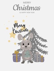 Merry Christmas card with cute grey hare with Christmas tree, snowflakes, stars. Design for xmas and New year greeting cards. Winter holidays illustration.