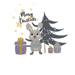 Grey bunny near the Christmas tree, stars, gift boxes and lettering Merry Christmas. Hand drawn illustration isolated on a white background. Designed for winter holidays.