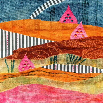 Fabric art applique Illustration. Patchwork forest landscape with trees, hills and sky. Original graphic illustration with jeans striped fabric flaps. Decorative landscape hand made recycled trash art