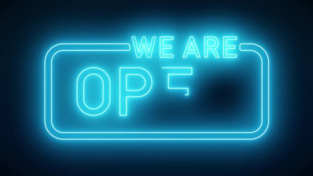 Video animation of glowing neon sign with message, we are open in blue. - Abstract background - seamless loop