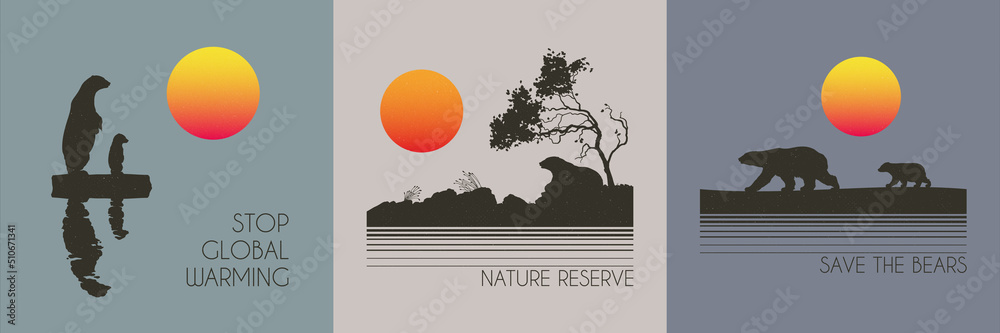 Sticker polar bear on ice floe. endangered animal. global warming. t-shirt set