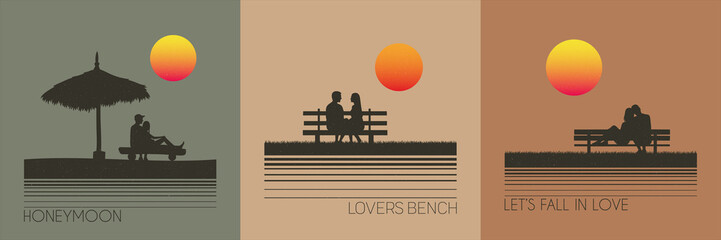 Lovers on bench at sunset. People in love. Colorful retro t-shirt set - obrazy, fototapety, plakaty