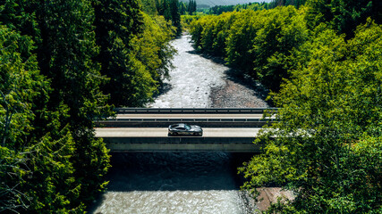 Grey car parked on a bridge over a river between trees  on both sides
