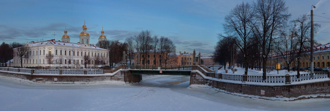 Winter panorama of 'seven bridges' channels crossing (Semimostye), Saint Petersburg