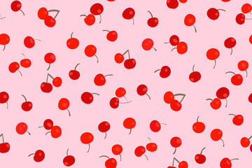 Beautiful seamless pattern with cherry berries on a trendy pastel pink background. Abstract cherry pattern in hand-drawn style for prints, textiles, covers, wrapping paper. Vector illustration.