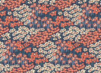 Seamless pattern with decorative meadow, hand drawn wildflowers. Retro style floral print, stylish botanical background with small pink flowers, grass on a blue field. Vector illustration.