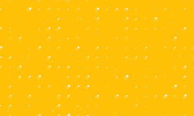 Seamless background pattern of evenly spaced white satellite symbols of different sizes and opacity. Vector illustration on amber background with stars