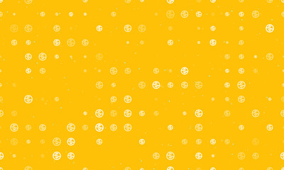 Seamless background pattern of evenly spaced white no dollar symbols of different sizes and opacity. Vector illustration on amber background with stars