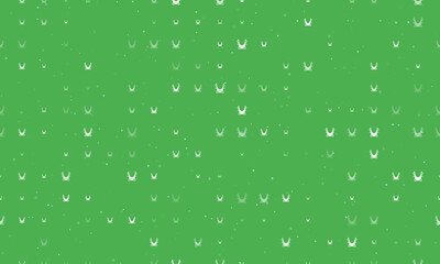 Seamless background pattern of evenly spaced white yoga hammock symbols of different sizes and opacity. Vector illustration on green background with stars