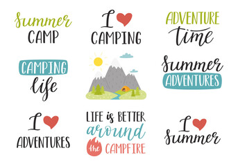 A set of handwritten phrases for summer, vacation, tourism, hiking, adventure, camping. Hand lettering and mountain landscape. Text element for cards, posters. Color flat vector illustration on white