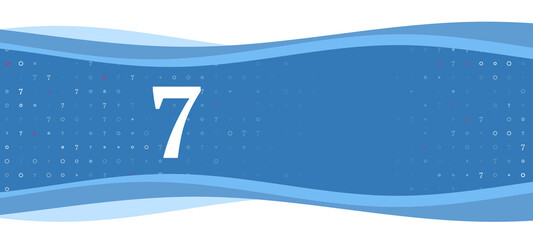 Blue wavy banner with a white number seven symbol on the left. On the background there are small white shapes, some are highlighted in red. There is an empty space for text on the right side