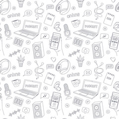 Seamless pattern with doodle elements symbolizing podcast, radio, online show. Outline hand drawn microphones, headphones, speakers, laptop. Black and white illustration on a white background.