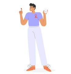 Concept of World diabetes day. Flat vector illustration with male character checking blood sugar level using a blood glucose meter. 