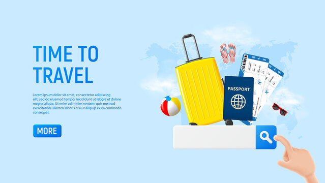 Vacation Banner With Traveling Concept. 3d Vector Illustration With Suitcase, Ball, Tickets, Passport, Sunglasses, Flip Flops, Search Icon And Cartoon Hand. Concept Of Web Page Of Tourist Agency.