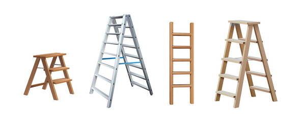 3d realistic vector icon illustration. Metal and wooden ladder in front and side view, isolated on white background. - obrazy, fototapety, plakaty