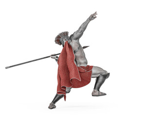 ancient warrior in throwing the spear rear view with copy space