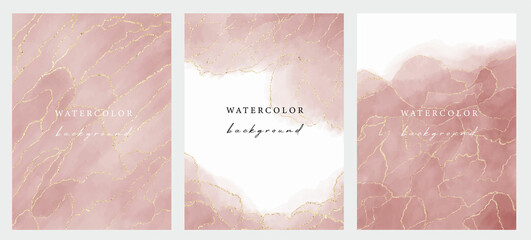 Set of vector watercolour universal backgrounds with gold glitter and copy space for text