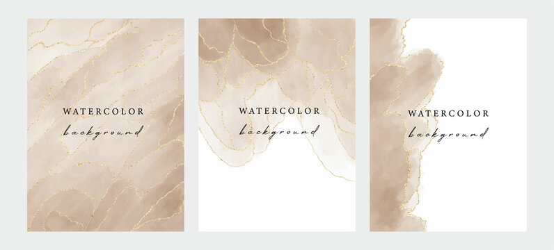 Set of vector watercolour universal backgrounds with gold glitter and copy space for text