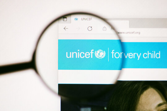 June 13, 2022, Brazil. In this photo illustration, the homepage of the United Nations International Children's Emergency Fund (UNICEF) website seen on a computer screen through a magnifying glass.