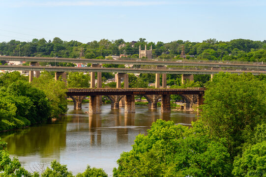 Philadelphia, PA USA 6-3-2022 Looking north into the East Falls section of Philadelphia with the CSX Bridge in the foreground