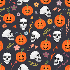 Happy Halloween!Vector seamless pattern with human skulls,orange pumpkins with cut out faces and floral elements.Colorful background and texture for printing on fabric and paper,design card,cover.