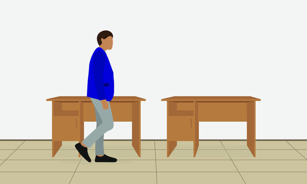 A male character in business clothes is standing near one of the two desks indoors