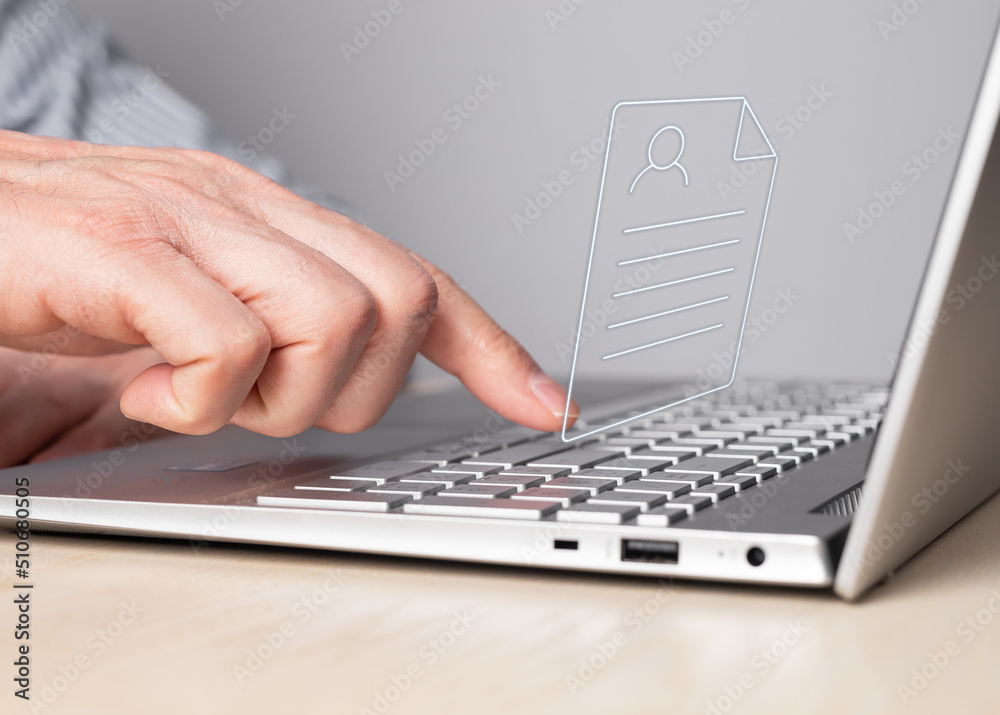Poster cv, application submission. man working on laptop and sending curriculum vitae. male forefinger pres