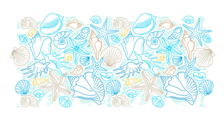 Vector illustration of line art tropical sea elements, seashells, starfish. Doodles of marine life. Sea decor. Ocean invertebrates, sea creatures. Maritime illustration