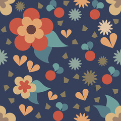 Seamless pattern with high contrast, retro colors, floral design with geometric shapes, bright wallpaper or print