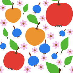 Seamless pattern with apples,  peaches and blueberries with pink flowers.